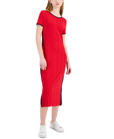 Tommy Hilfiger Women's Ribbed Midi Dress In Medium Red