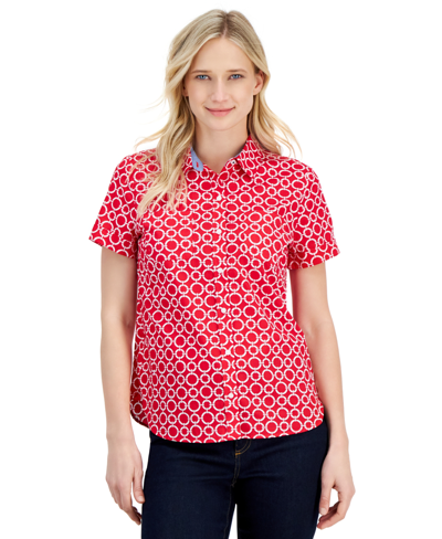 Nautica Women's Cotton Circle-link Print Camp Shirt In Bright Red