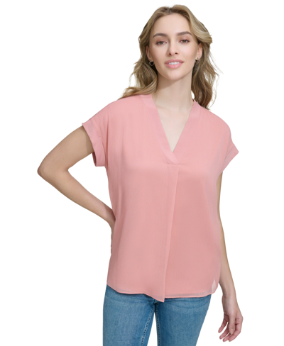 Calvin Klein Women's Mixed Media Cap-sleeve V-neck Top In Desert Rose