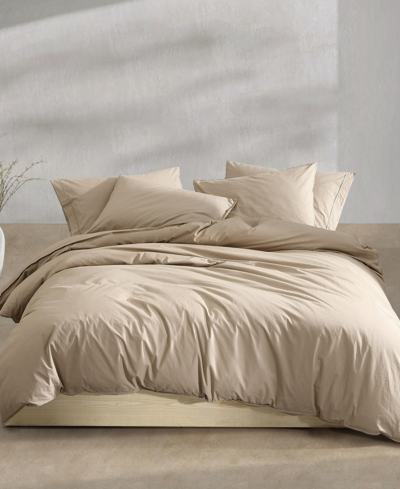 Calvin Klein Washed Percale Cotton Solid 3 Piece Comforter Set, Queen In Camel Brown