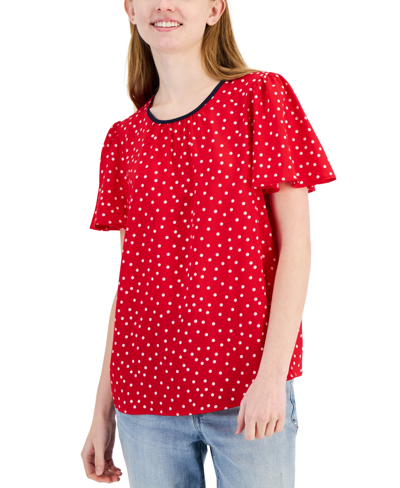 Tommy Hilfiger Women's Dot-print Flutter-sleeve Top In Medium Red
