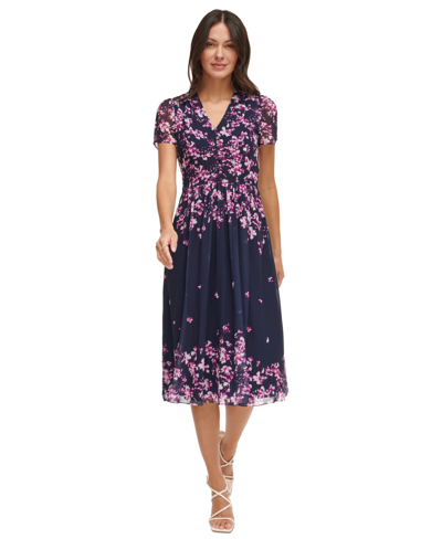 Dkny Petite V-neck Crinkle-chiffon Midi Dress In Navy,pink