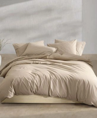 Calvin Klein Washed Percale Cotton Solid Comforter Sets In Camel Brown