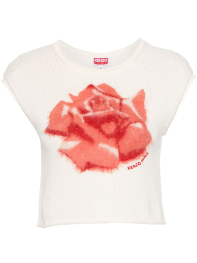 Kenzo Floral Intarsia-knit Top In Cream
