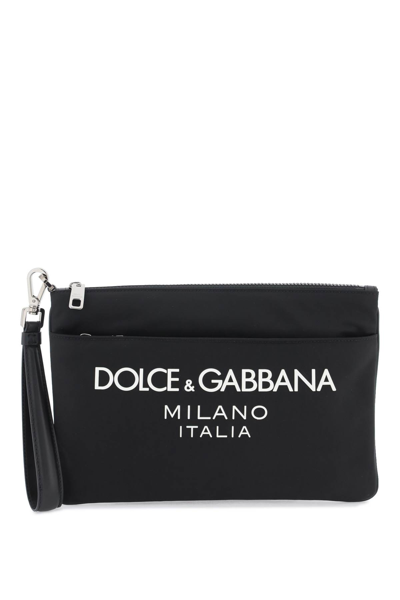 Dolce & Gabbana Nylon Pouch With Rubberized Logo In Nero Nero (black)