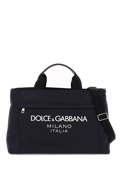 Dolce & Gabbana Rubberized Logo Nylon Duffle Bag In Blu Blu Navy (blue)