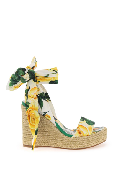 Dolce & Gabbana Lolita Wedge Sandals In Rose Gialle Fdo Bco (yellow)
