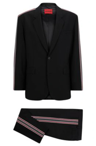 Hugo Wool-blend Suit With Striped-tape Trims In Black