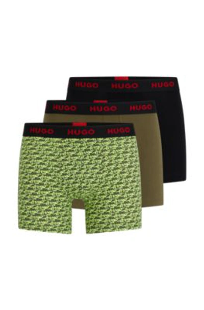 Hugo Three-pack Of Stretch-cotton Boxer Briefs With Logo Waistbands In Green
