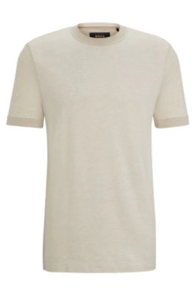 Hugo Boss Cotton-silk T-shirt With Woven Structure In Light Beige
