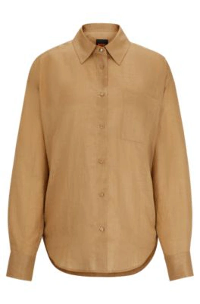 Hugo Boss Relaxed-fit Blouse In Ramie Canvas With Point Collar In Light Brown