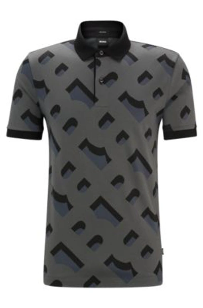 Hugo Boss Monogram-jacquard Polo Shirt In Mercerized Stretch Cotton In Black