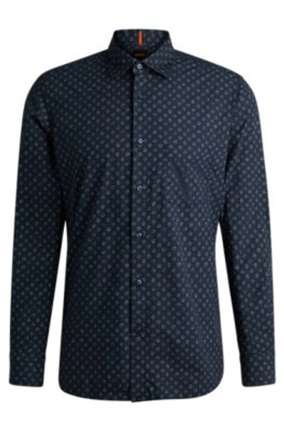 Hugo Boss Regular-fit Shirt In Printed Cotton Poplin In Dark Blue