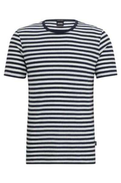 Hugo Boss Horizontal-stripe T-shirt In Cotton And Linen In Dark Blue