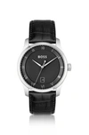 HUGO BOSS LEATHER-STRAP WATCH WITH BLACK PATTERNED DIAL MEN'S WATCHES