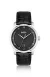 Hugo Boss Men Principle Quartz Basic Calendar Black Leather Watch 41mm In Assorted-pre-pack