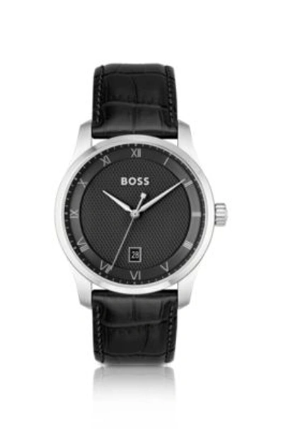 HUGO BOSS LEATHER-STRAP WATCH WITH BLACK PATTERNED DIAL MEN'S WATCHES