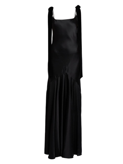 Nina Ricci Velvet Shoulder Strap Satin Gown In Black