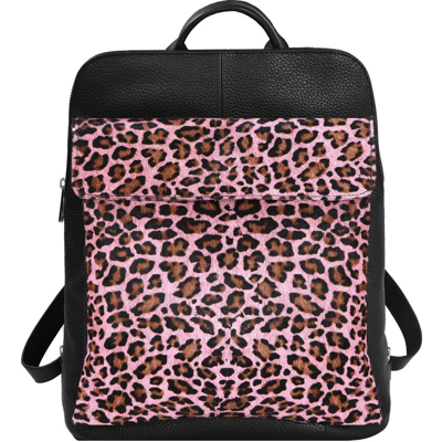 Brix + Bailey Pink Animal Print Premium Leather Flap Pocket Backpack In Black