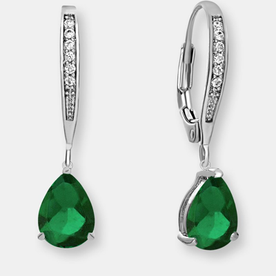 Genevive Sterling Silver White Gold Plating With Colored Cubic Zirconia Teardrop Earrings In Green