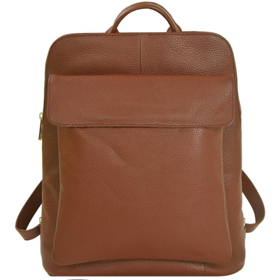 Brix + Bailey Camel Premium Unisex Leather Flap Pocket Backpack In Brown