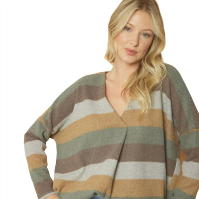 Entro Vneck Front Placket Striped Sweater In Green