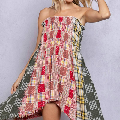 Pol Plaid Top-dress With Frayed Edge In Red