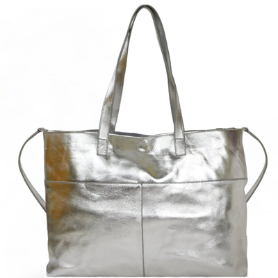 Brix + Bailey Silver Metallic Horizontal Premium Leather Tote Shopper Bag In Gold