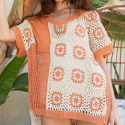 Pol Color Block Crochet Sweater In Orange