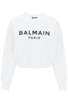 Balmain Cropped Sweatshirt With Flocked Logo In Blanc Noir (white)