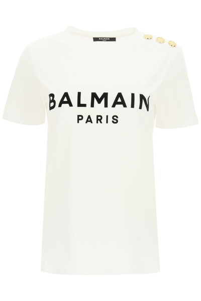 Balmain T-shirt With Logo Print And Embossed Buttons In Blanc Noir (white)