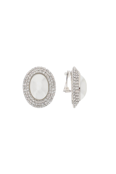 Alessandra Rich Oval Earrings With Pearl And Crystals In Cry Silver (silver)