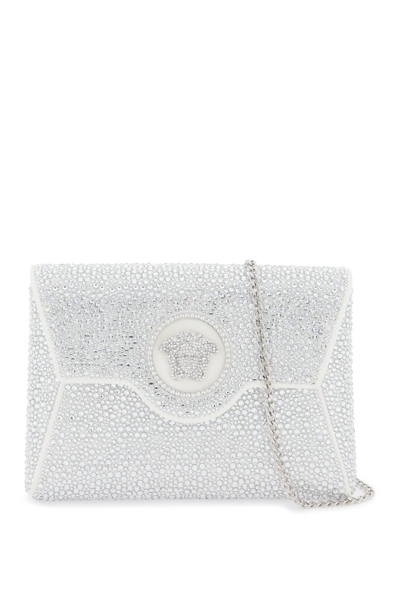 Versace La Medusa Envelope Clutch With Crystals In Optical White Palladium (silver)