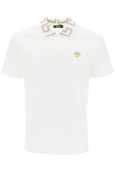 Versace Polo Shirt With Greca Collar In Optical White (white)