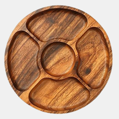 Vigor Fine Quality Round Serving Trays Acacia Wooden Divided Plates Set Dishes