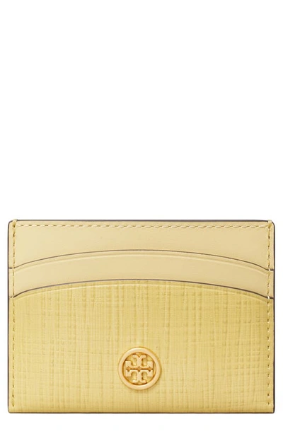 Tory Burch Robinson Crosshatched Leather Card Case In Pale Butter/gold