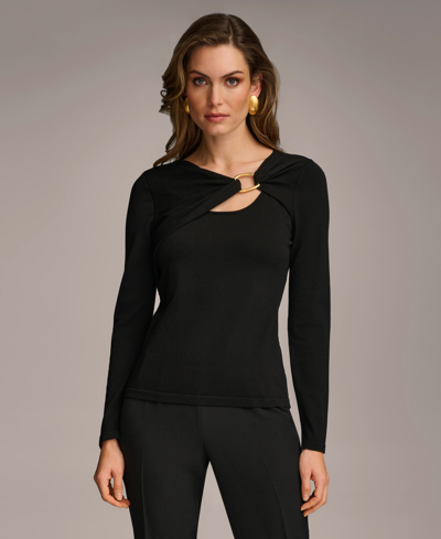 Donna Karan Women's Cutout Sweater With Hardware Detail In Black