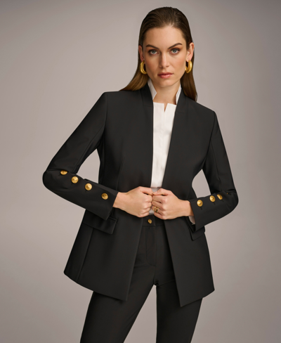 Donna Karan Womens Button Sleeve Blazer Collared Shirt Slim Leg Ankle Pants In Black