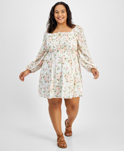 And Now This Trendy Plus Size Square-neck Smocked Dress In White Floral