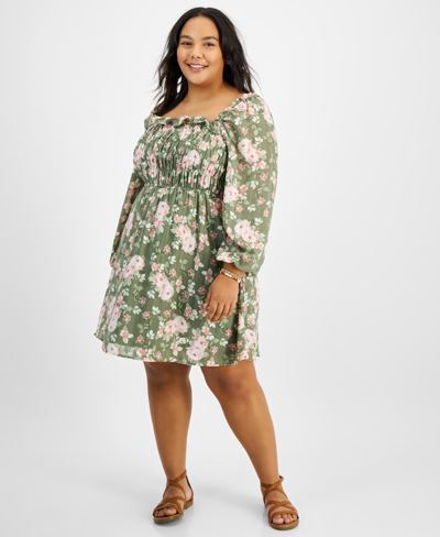 And Now This Trendy Plus Size Square-neck Smocked Dress In Crushed Oregano Floral