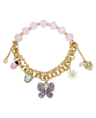 Betsey Johnson Faux Stone Butterfly Charm Stretch Bracelet In Multi,gold