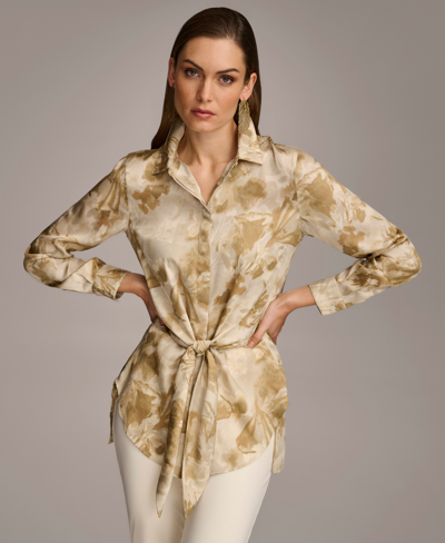 Donna Karan Women's Printed Tie-waist Blouse In Fawn Multi