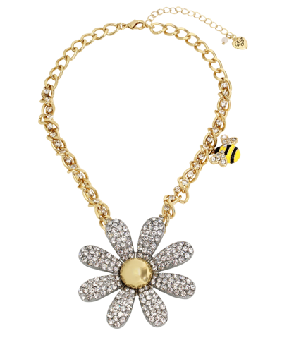 Betsey Johnson Faux Stone Daisy Pendant Necklace In Crystal,two-tone