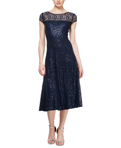 Sl Fashions Petite Sequined Lace Cap-sleeve Dress In Navy