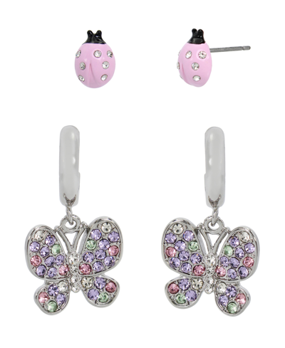 Betsey Johnson Faux Stone Ladybug Butterfly Huggies Duo Earring Set In Multi,rhodium