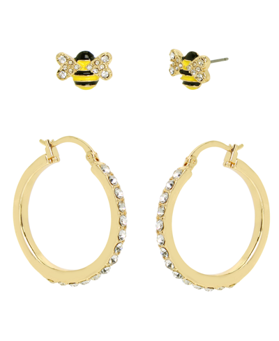 Betsey Johnson Faux Stone Bee Hoop Duo Earring Set In Yellow,two-tone