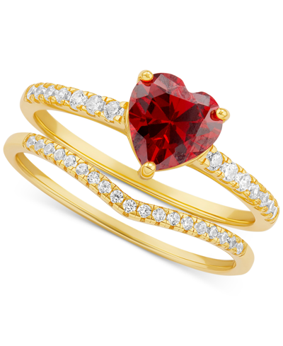Giani Bernini 2-pc. Cubic Zirconia Heart Ring & Chevron Band In 18k Gold-plated Sterling Silver, Created For Macy' In Red