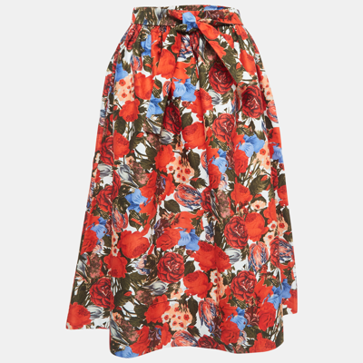 Pre-owned Marni Red Floral Print Cotton Gathered Midi Skirt S