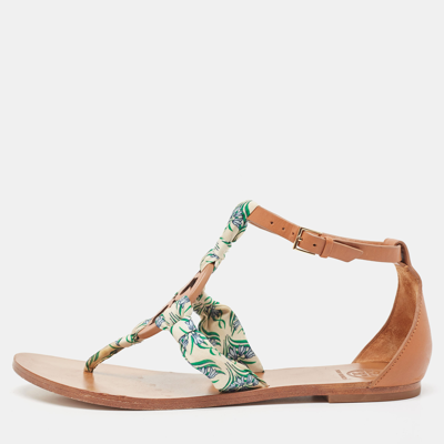 Pre-owned Tory Burch Brown/cream Leather And Printed Fabric Miller Scarf Thong Flat Sandals Size 38.5