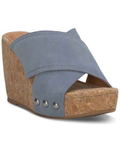 Lucky Brand Valmai Platform Wedge Slide Sandal In Natural Blue Suede